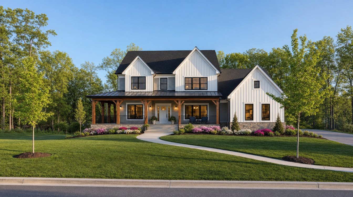A new white board-and-batten farmhouse with black gables, a wood-beamed front porch and spring flowers along a curving front walk