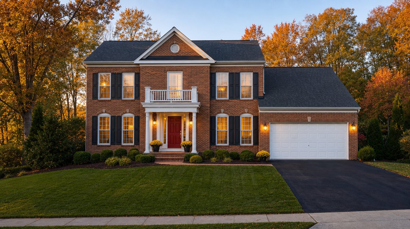 A brick colonial with a white balcony over a red front door, black shutters and a two-car garage, framed by orange fall trees at sunset