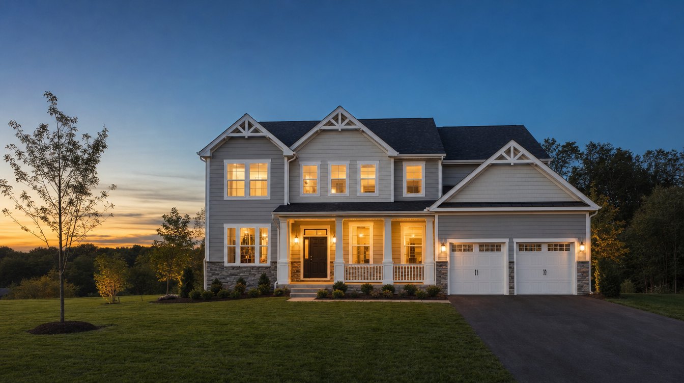 A gray-sided new home with white gable trim, a lit front porch and a two-car garage at dusk, with open fields and trees behind