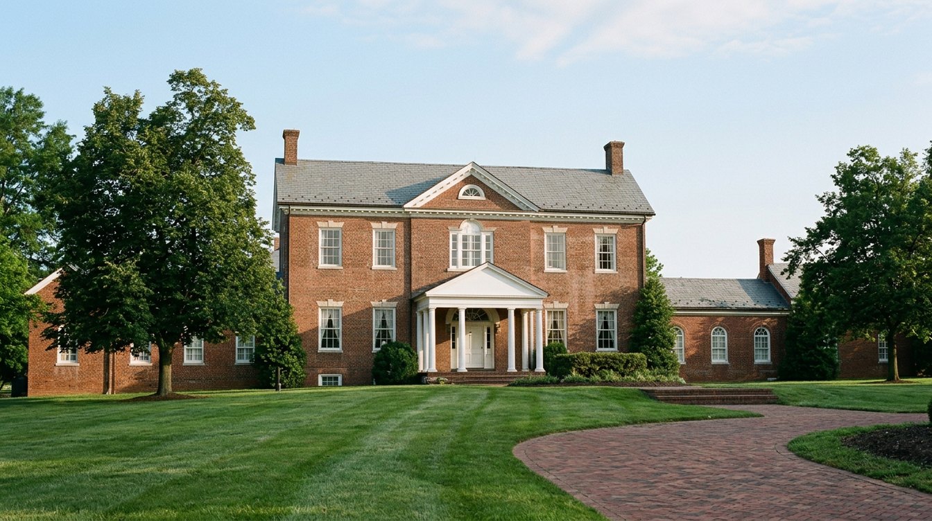 The red-brick Belmont manor house in late-spring green: a two-story Federal center block with a slate roof, a half-round window in its pediment and a white four-column portico, joined to lower wings, behind a mown lawn and a curving brick drive