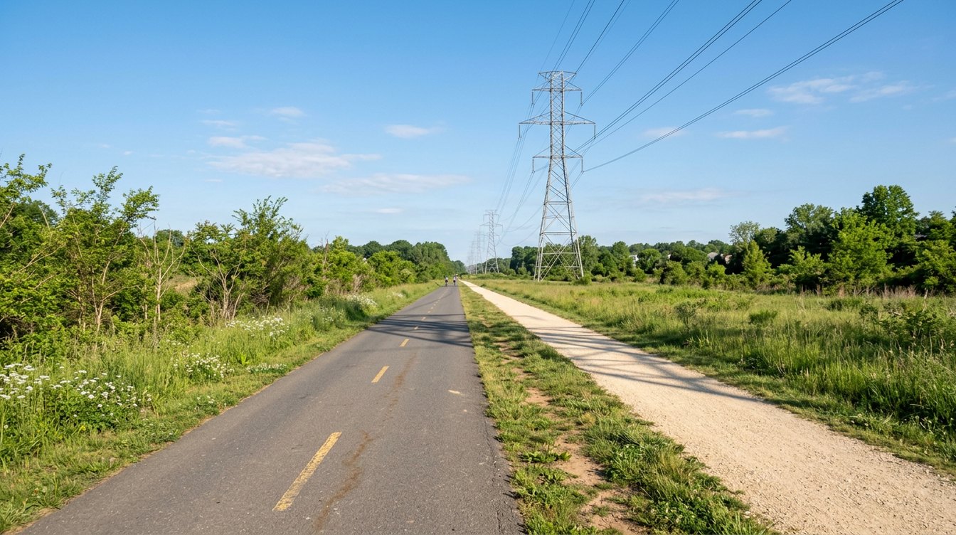 The paved W&OD Trail with its dashed yellow center line running straight through Ashburn beside a tan gravel horse path, under a line of steel lattice power towers, with tall grass and young trees in late-spring green