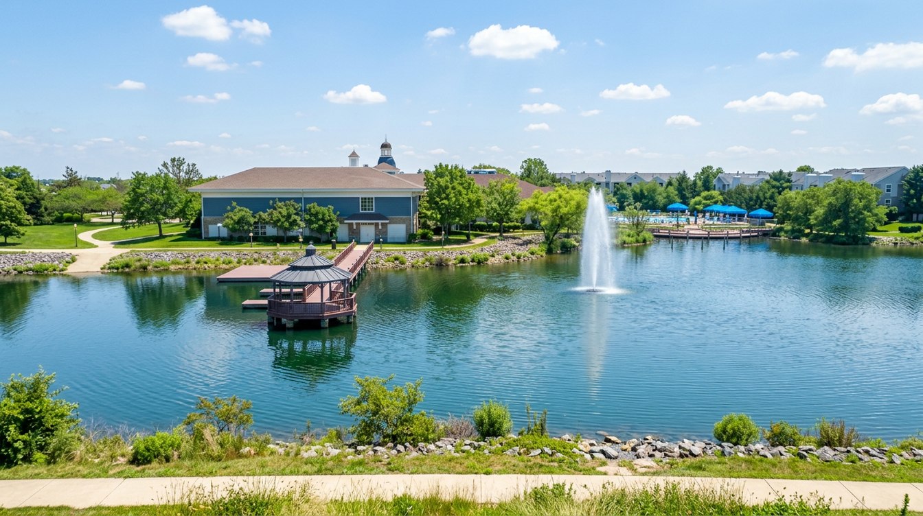 Pavilion Lake in Ashburn Village on a bright summer day, with a tall jet fountain, a timber pier out to an octagonal gazebo, the long slate-blue Sports Pavilion with its white cupola, pool umbrellas and condominiums beyond