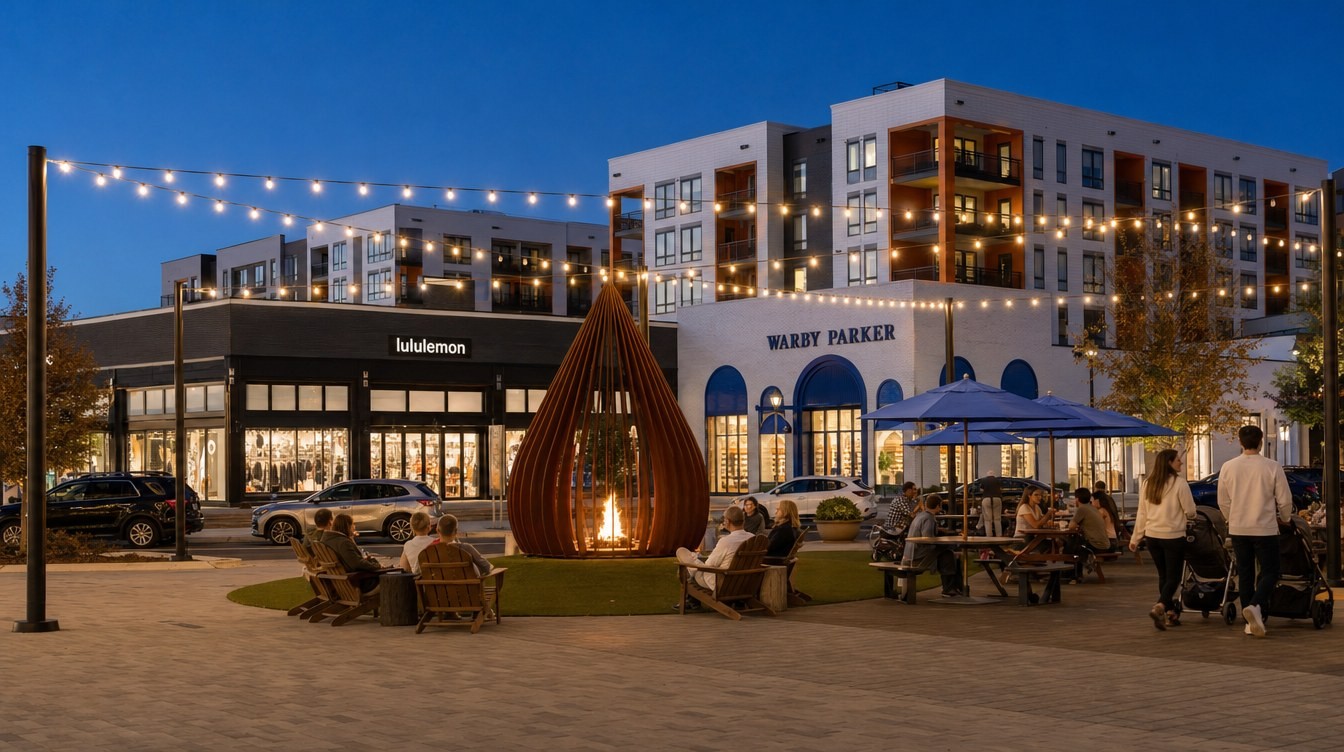 The tall rust-steel fire sculpture glowing on its round lawn at dusk, ringed by Adirondack chairs with people warming up, string lights overhead and the lululemon and Warby Parker storefronts lit beyond