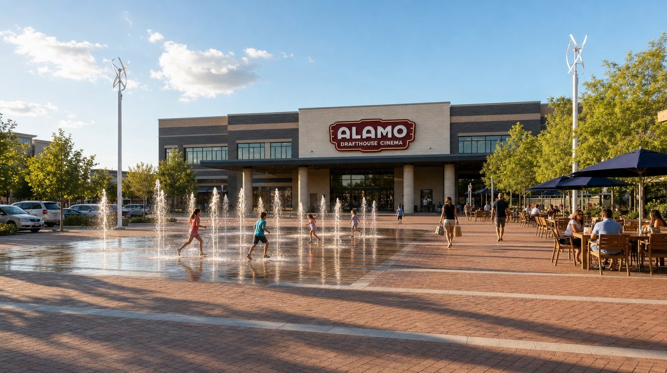 The plaza splash pad in front of the Alamo Drafthouse Cinema, with children in the water jets and families at patio tables under navy umbrellas