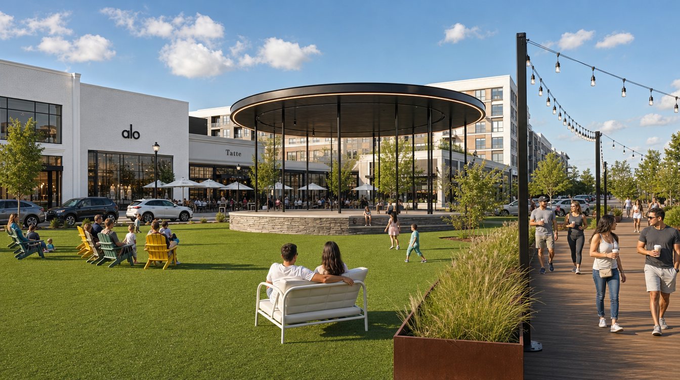 The Park at One Loudoun on a sunny afternoon, with people on lawn chairs, a wood boardwalk under string lights and the alo and Tatte storefronts beyond