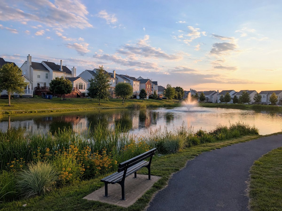 A paved walking path and bench beside a pond with a fountain at sunset, with black-eyed Susans and grasses at the edge and a row of houses with back decks across the water.