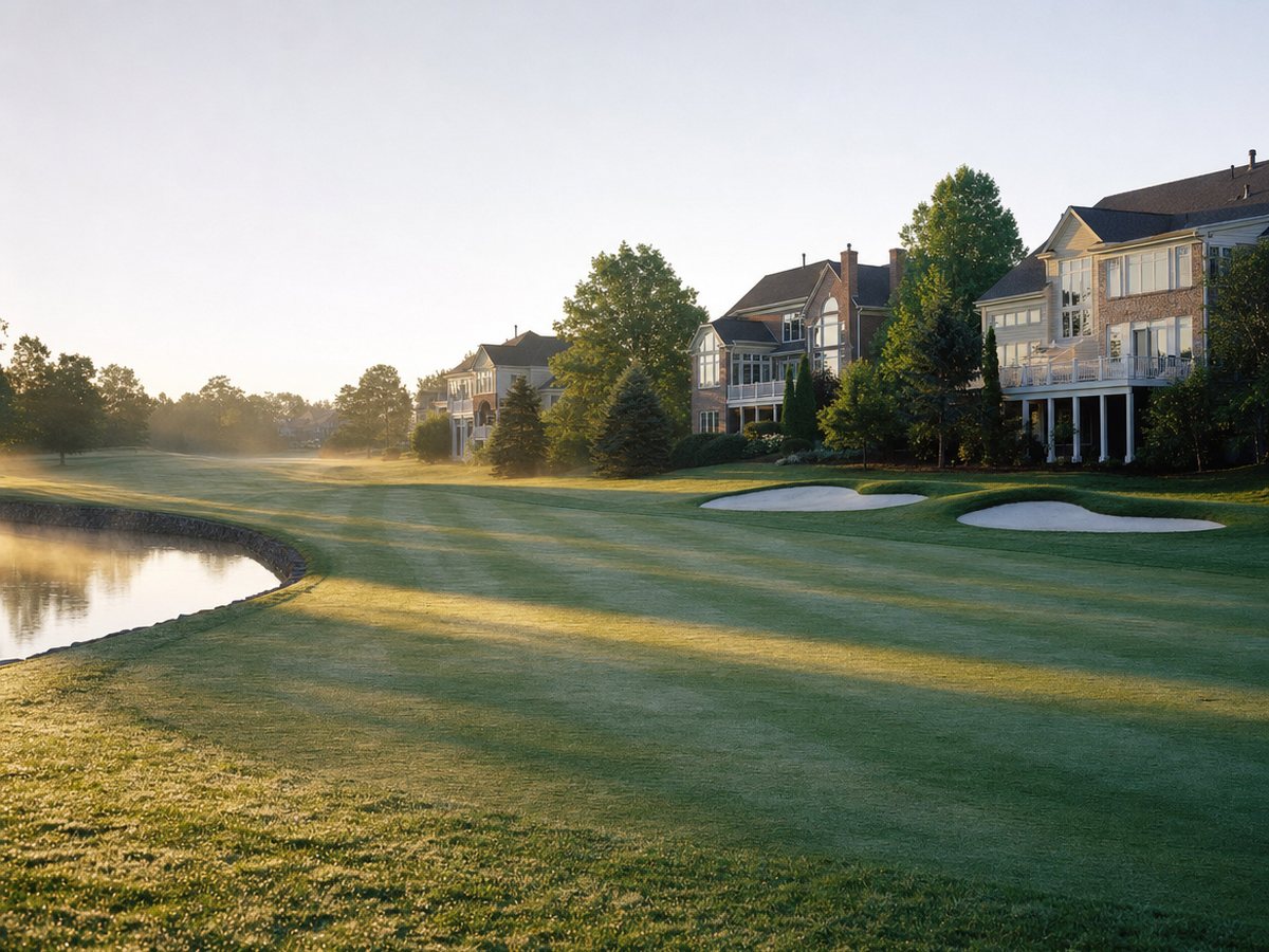 A misty golf fairway with mowing stripes, two white sand bunkers and a pond, with large brick and stone houses with white-railed back decks beyond.