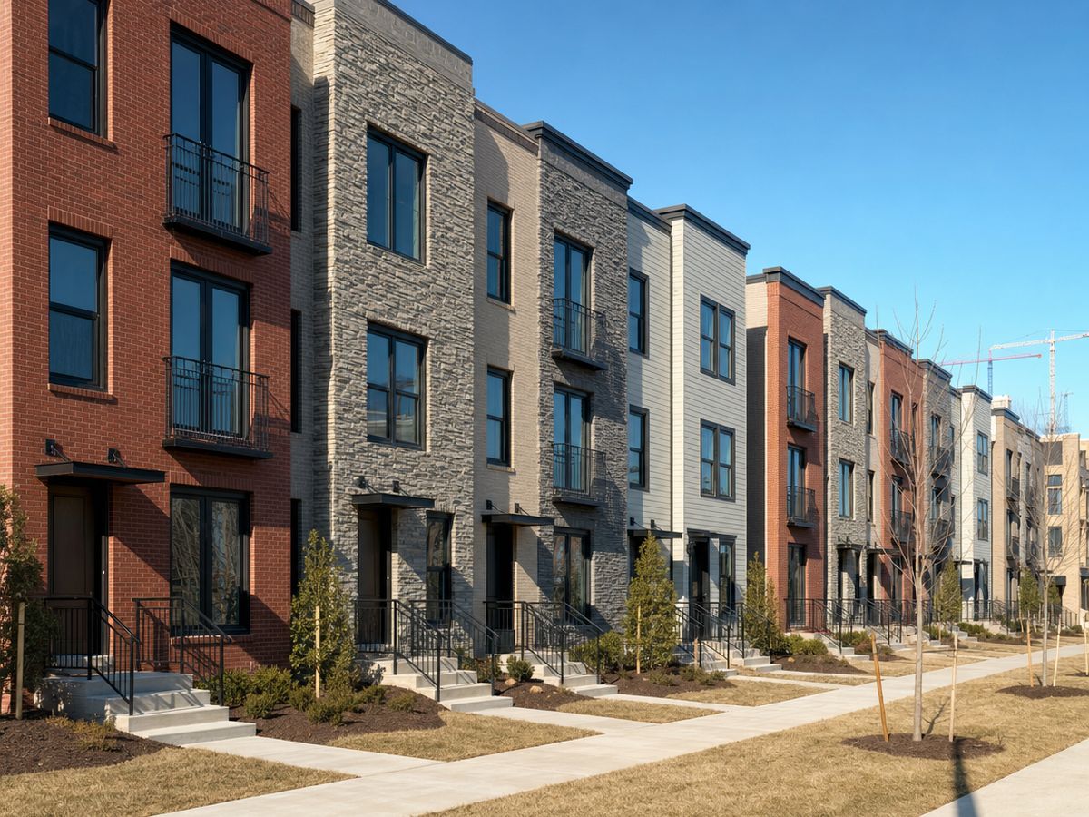 A row of new four-story townhouses in red brick, gray stone and pale siding with black windows, small metal balconies and staked young trees, with construction cranes in the distance.