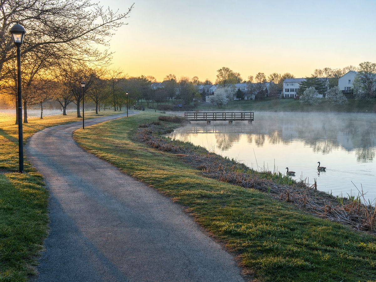 A paved path with black lamp posts curving along a misty lake at sunrise, with a short wooden pier, two Canada geese and houses on the far shore.
