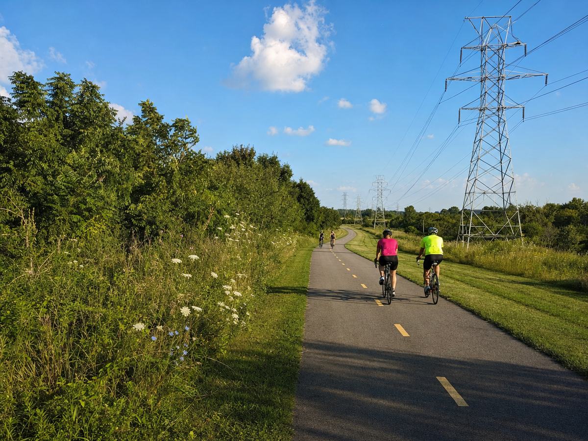 A paved trail with a dashed yellow center line through summer greenery, with two cyclists riding away, steel power-line towers alongside and white wildflowers in the grass.