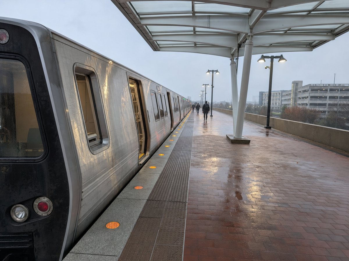 A silver Metro train with open doors beside a wet red-brick-paved open-air platform under a white curved canopy, with tall twin-lamp light poles and a parking garage in the mist.
