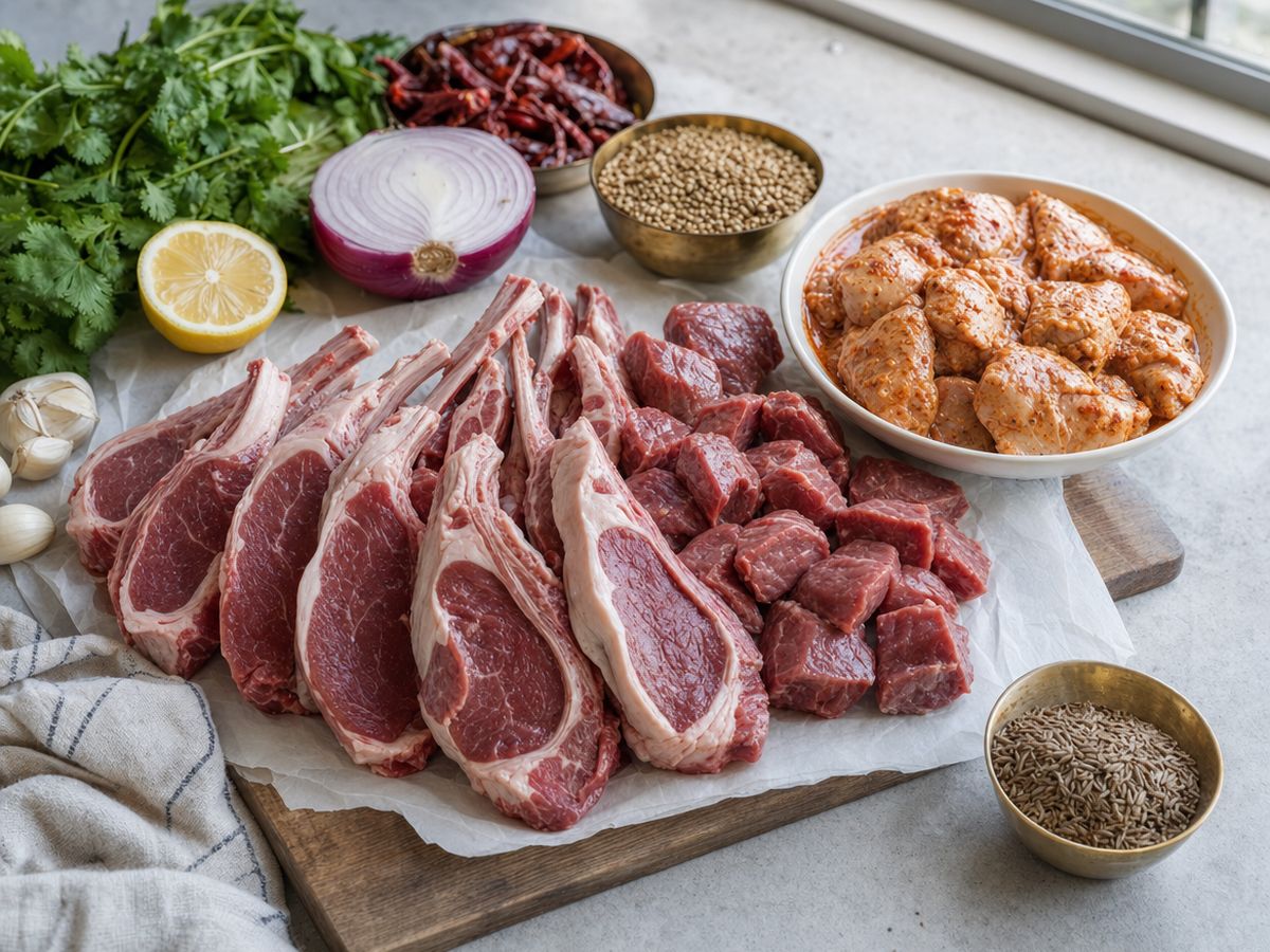 Raw lamb rib chops and cubed beef on butcher paper beside a bowl of marinated chicken, with cilantro, a halved red onion, lemon, garlic and small brass bowls of spices.