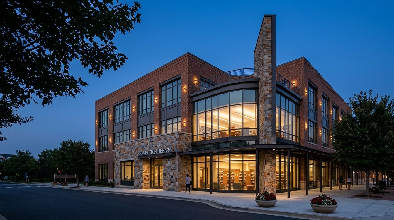 Brambleton Library at dusk, its brick upper floors, fieldstone fin and curved two-story glass reading room lit from inside