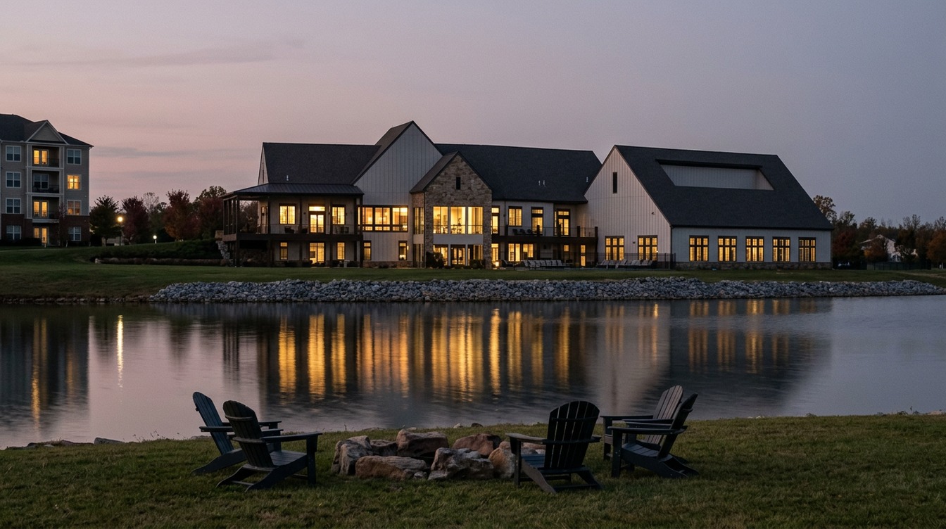 The Birchwood clubhouse lit up across Lake Birchwood at autumn dusk, a long board-and-batten building with a fieldstone gable and glowing porches reflected in the water, with Adirondack chairs around a boulder fire ring on the near lawn