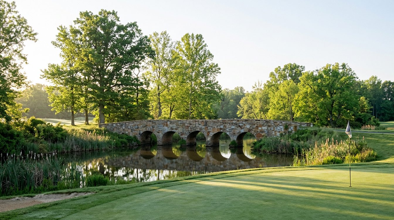 A low fieldstone bridge on round arches over a reedy pond at Brambleton Golf Course on a clear May morning, with a putting green and its flag in front and tall trees behind
