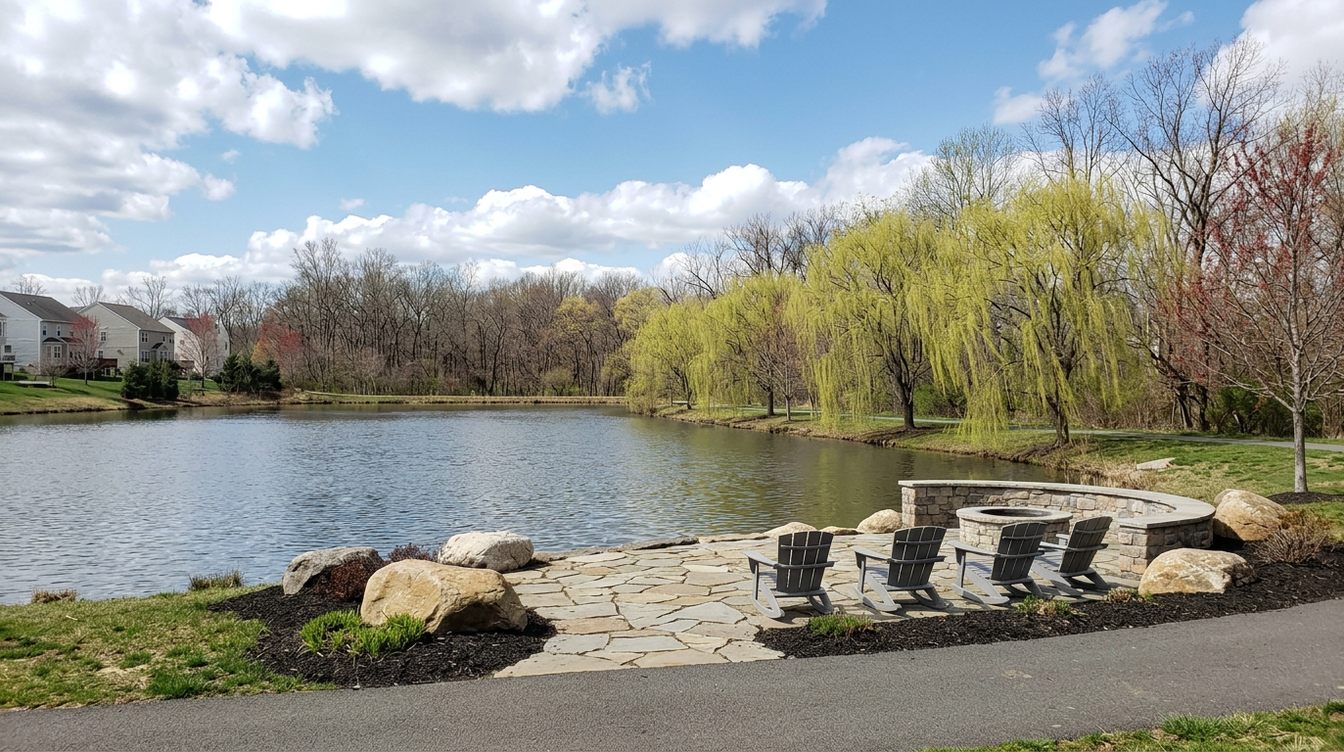 The pond at Dragonfly Park in early spring, with a flagstone patio of gray Adirondack rockers, a curved stone seat wall and fire ring, big boulders, weeping willows in new leaf and houses across the water
