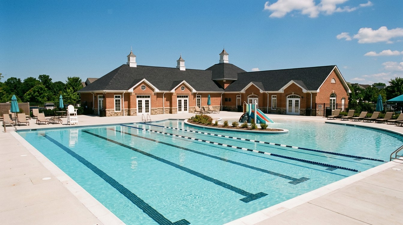 The lap pool at the Corner Clubhouse on a summer afternoon, with lane lines and lane ropes, a small water slide on a planted peninsula, lounge chairs and teal umbrellas, and the one-story brick clubhouse with three white cupolas behind