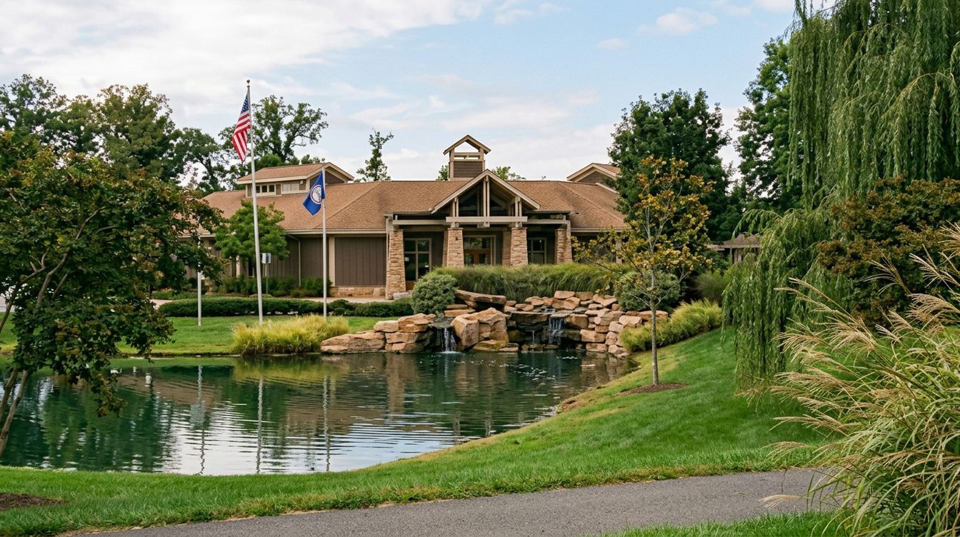 The lodge-style Broadlands Nature Center in late summer, with shingle roofs, a timber-truss gable, a cupola and stone piers, flags out front and a waterfall spilling over boulders into its pond, framed by a weeping willow and tall grasses