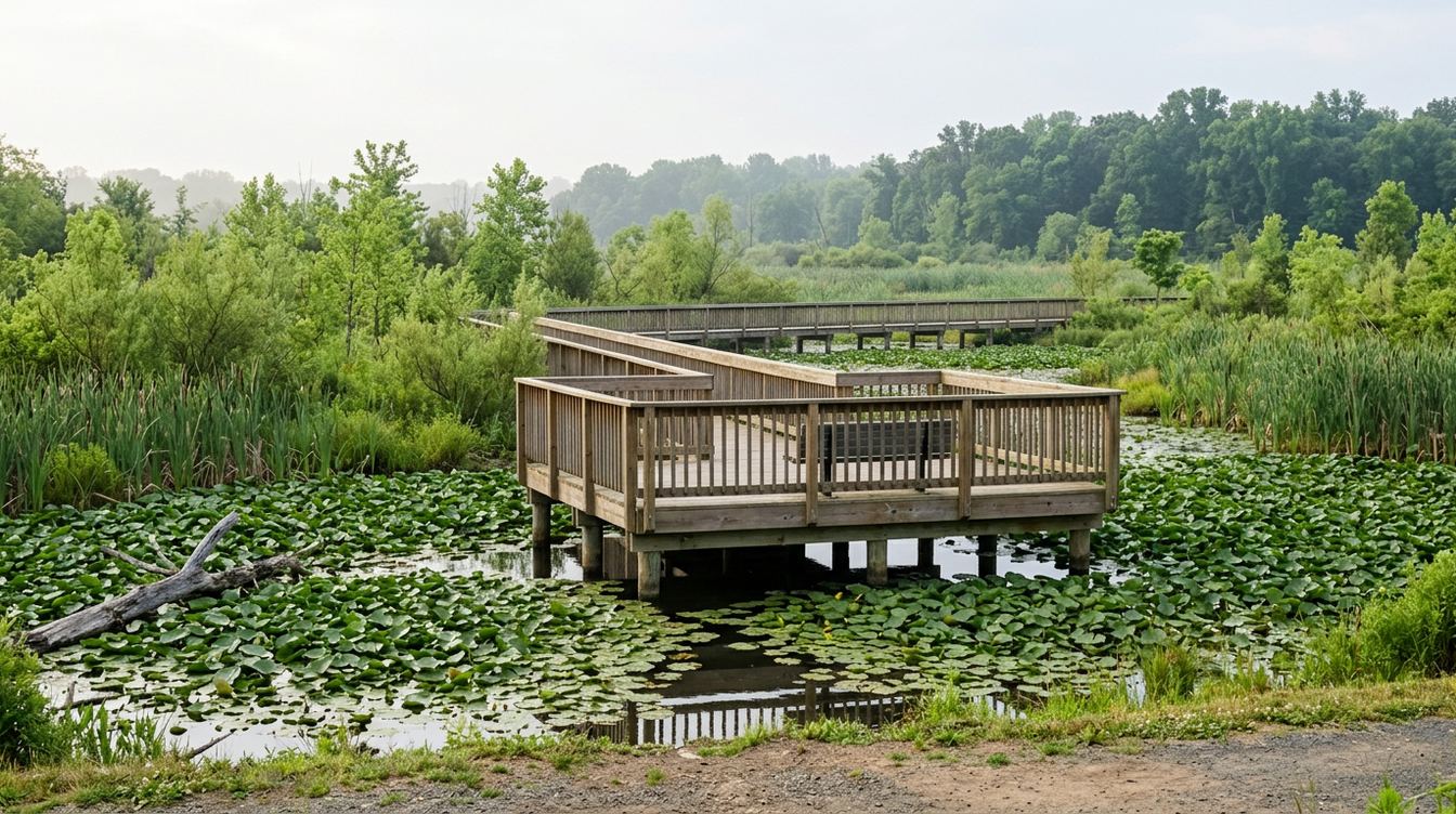 A square timber observation deck with spindle rails and a dark bench, standing over a carpet of green lily pads at the Van Metre Wetlands Preserve on a hazy June morning, with a fallen log and the boardwalk behind