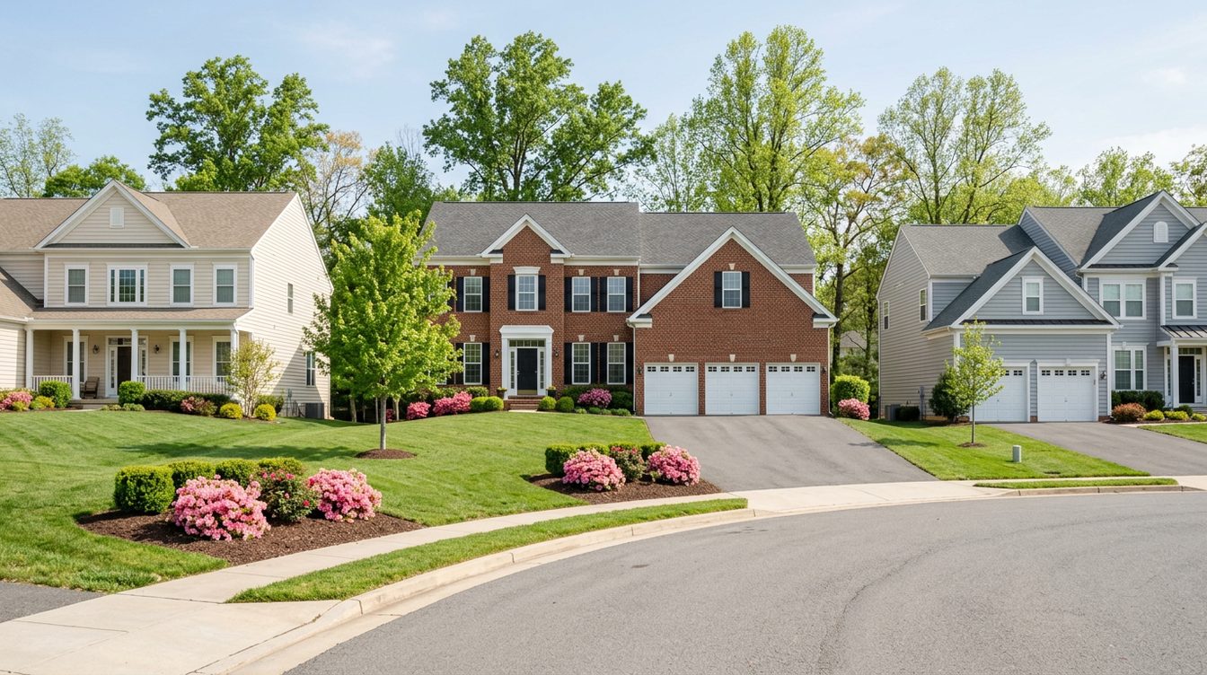 Large colonials on a curving Broadlands street in spring: a red-brick house with black shutters and a three-car garage between a beige house with a front porch and a gray-sided house, with pink azaleas, fresh lawns and tall trees behind