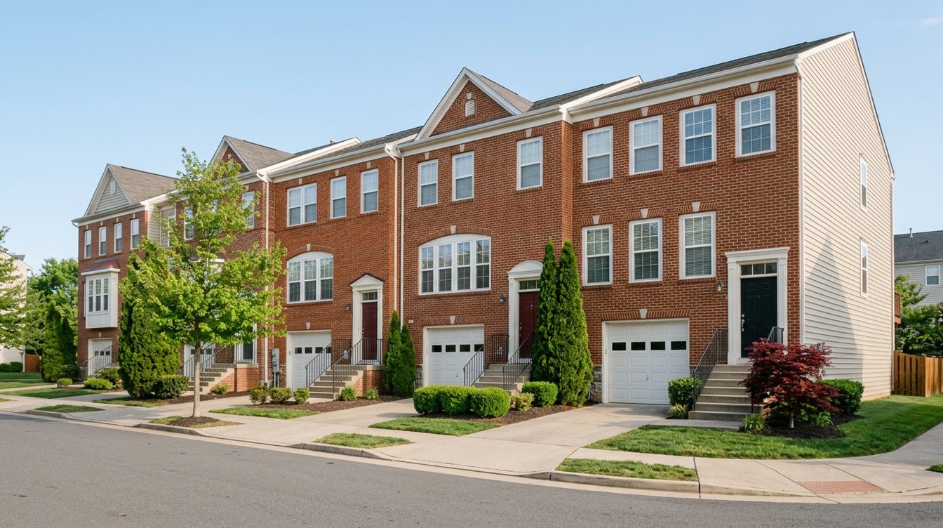 A row of three-level red-brick townhouses on Crosswind Terrace in spring, with white garage doors, stoops with dark iron rails, arched windows, a red Japanese maple and tall arborvitae under a clear blue sky