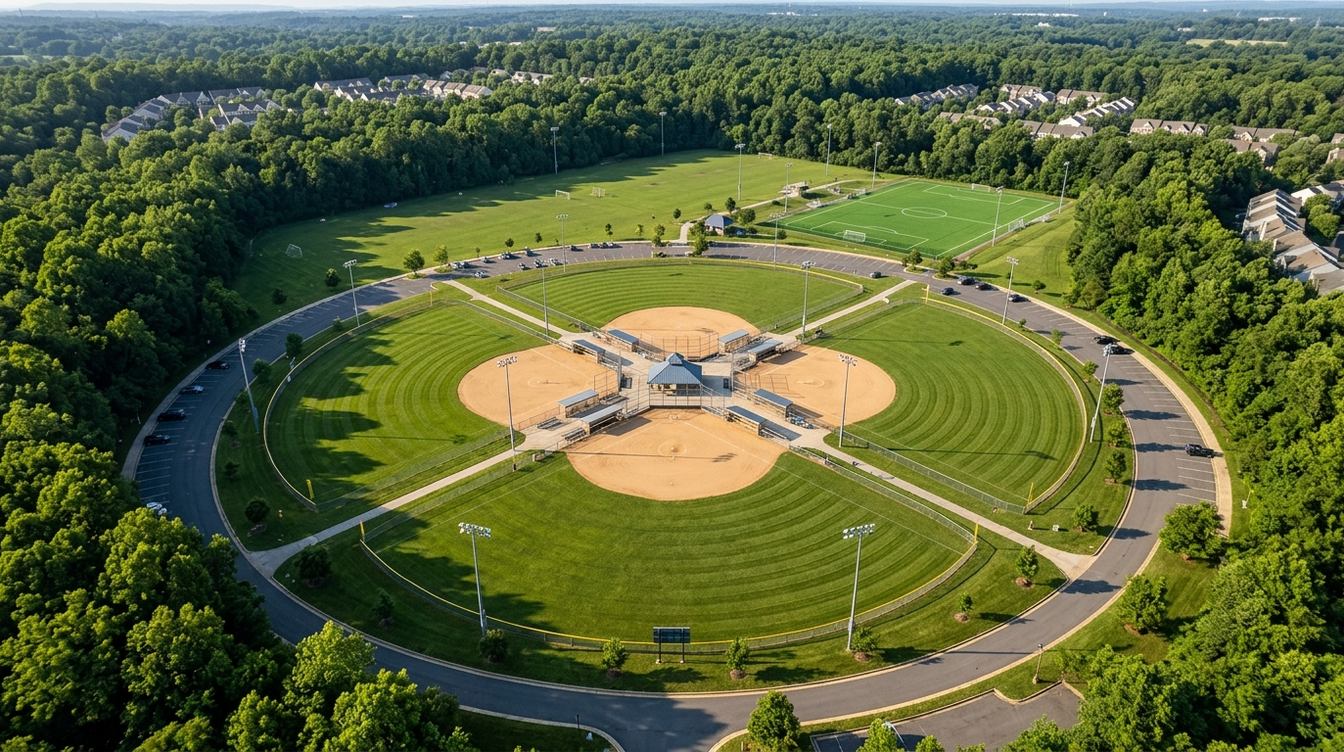 The Potomac Lakes Sportsplex in Cascades from the air on a summer evening: four softball diamonds back to back in a round cloverleaf around a small blue-roofed pavilion, a ring road and parking, a turf field beyond and woods all around