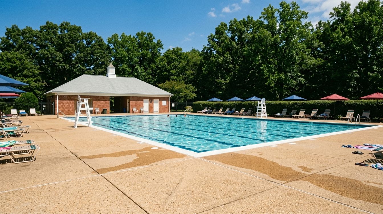 The outdoor lap pool at the Lowes Island Community Center on a bright July afternoon, with a red-brick pool house under a gray roof and white cupola, lounge chairs, blue and red umbrellas, white lifeguard stands and tall trees behind