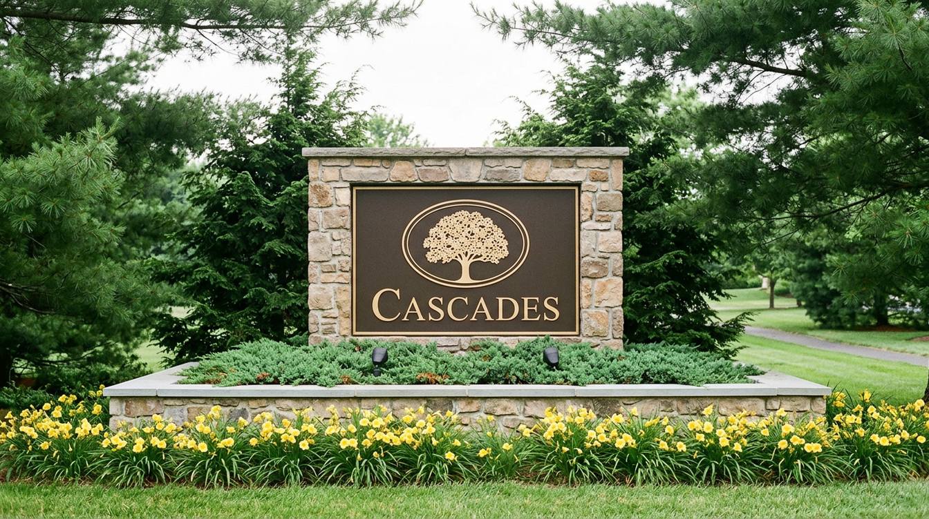The Cascades entrance sign, a bronze panel with a tree in an oval on a fieldstone wall, above a bed of evergreen groundcover and yellow daylilies, framed by pines in early summer