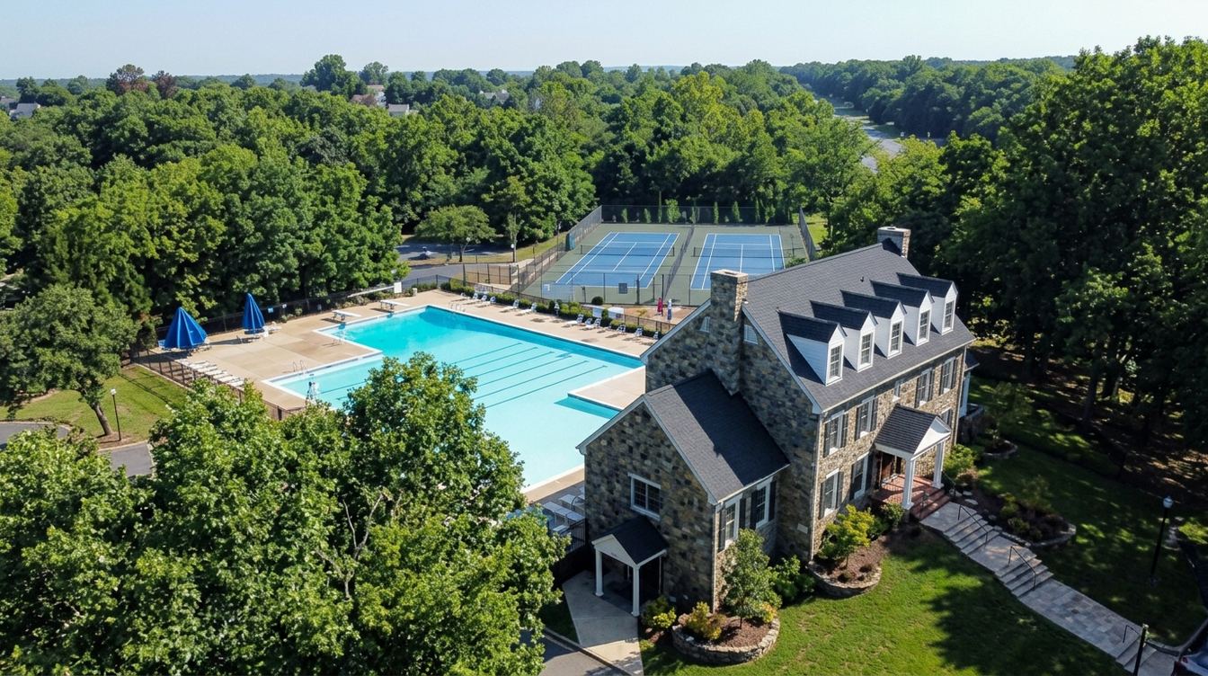 The Stone House Community Center in Cascades from the air in summer: a stone building with dormers and a gray roof beside a large outdoor pool, tennis courts and blue umbrellas, surrounded by trees