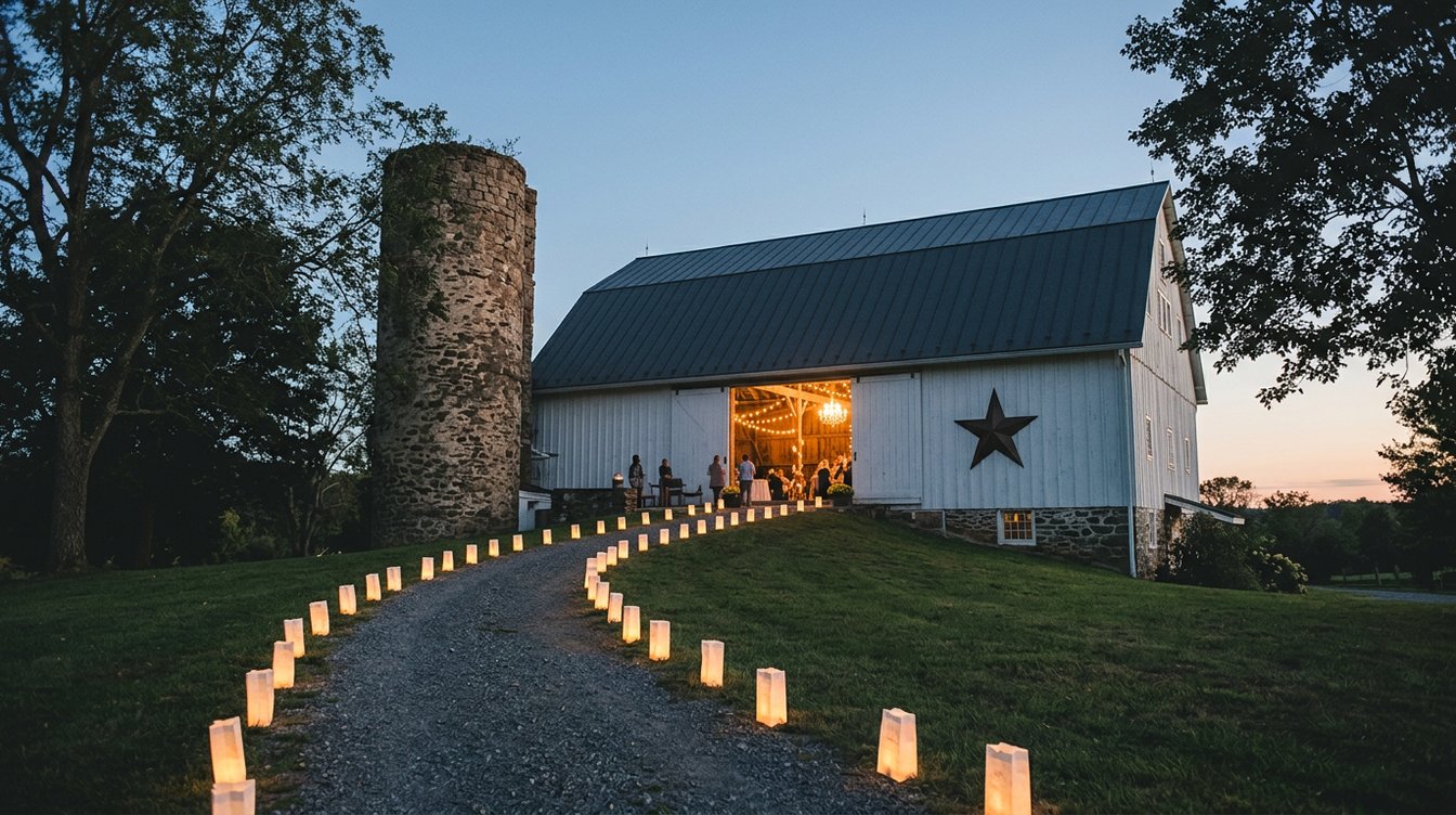 A white bank barn with a dark metal roof and a black star, its big doors open on a glowing room, beside an old fieldstone silo, with paper lanterns lining the gravel drive up the lawn at dusk