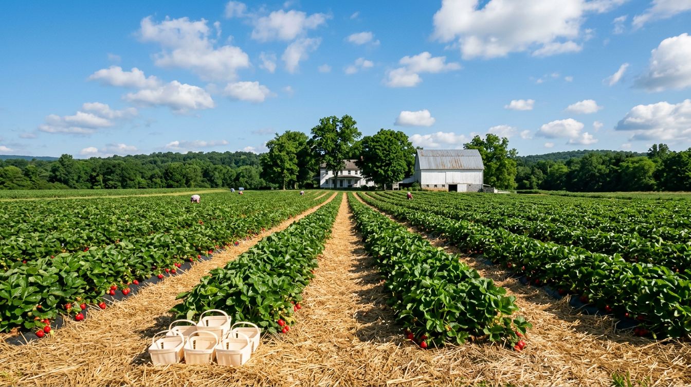 Long rows of strawberry plants heavy with red berries on straw at Wegmeyer Farms in late spring, with white picking baskets in the foreground and a white farmhouse and barn among shade trees behind