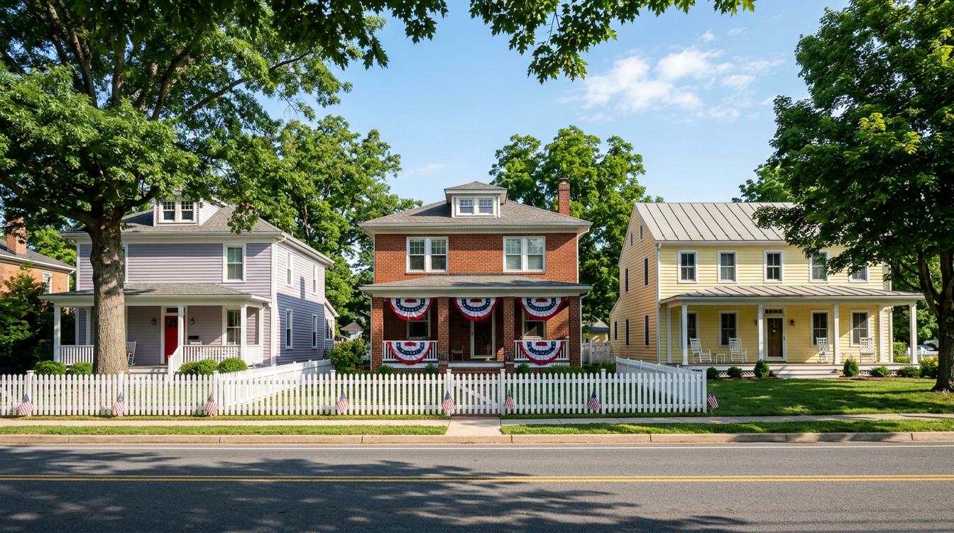 Three early-1900s porch houses on Colonial Highway in Hamilton, lavender, red brick and pale yellow, behind a white picket fence with small flags and red, white and blue bunting on Memorial Day, under big shade trees