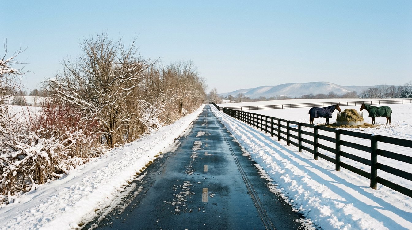 The W&OD Trail running straight through snowy country near Hamilton beside a black four-board fence, with two horses in winter blankets at a hay feeder and the snow-covered Blue Ridge in the distance