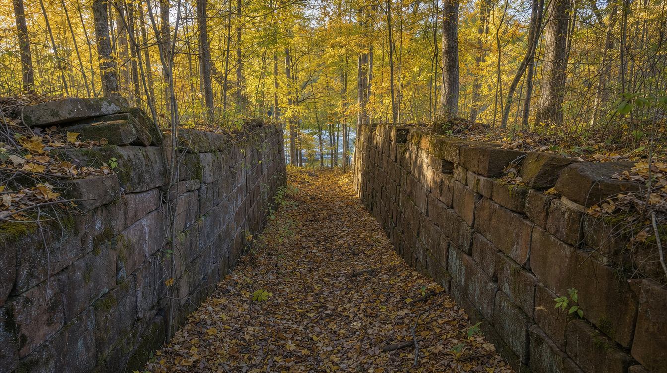 The walls of an old red-brown sandstone canal lock in the woods by Goose Creek, its floor deep in yellow fall leaves, with golden trees overhead and a glimpse of the creek at the far end