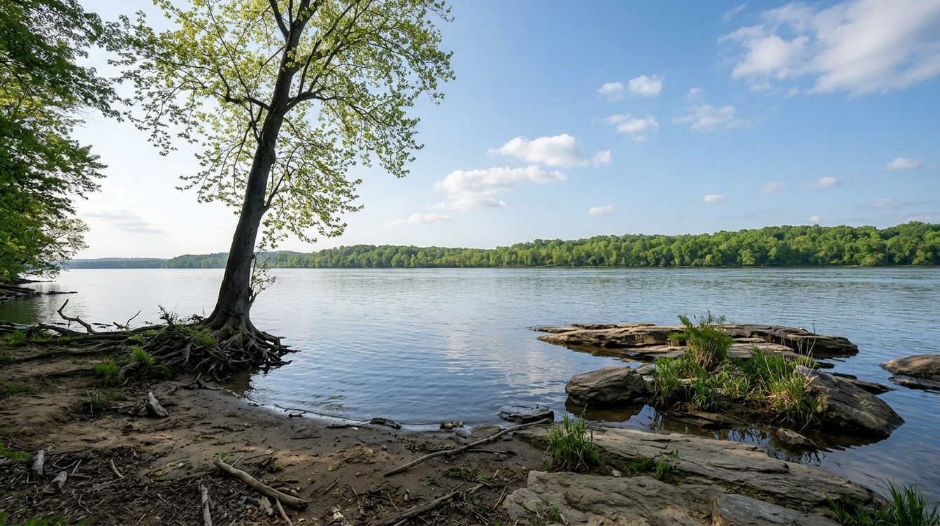 A sycamore leaning over rock ledges on the Potomac riverbank near Lansdowne on a clear spring morning