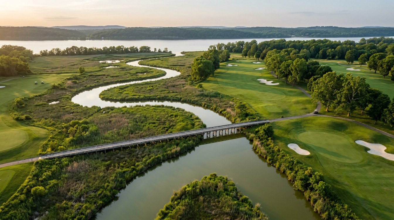 An aerial view of a long gray cart boardwalk crossing the looping, marshy lower reach of Goose Creek on the Greg Norman course at Lansdowne Resort, with bunkered fairways on the right and the Potomac River beyond in warm early-evening light