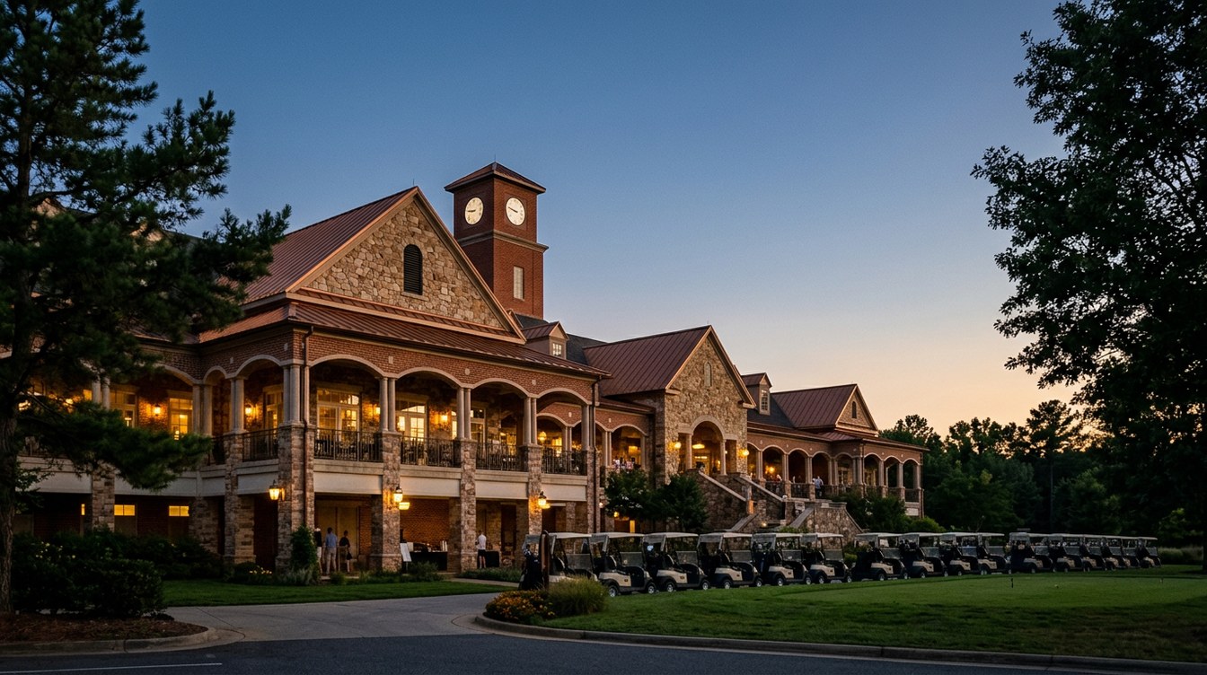 The Lansdowne Resort golf clubhouse at dusk, a long two-level brick and fieldstone building with lit arches and a clock tower, with a row of golf carts on the lawn and a few small figures by the entrance