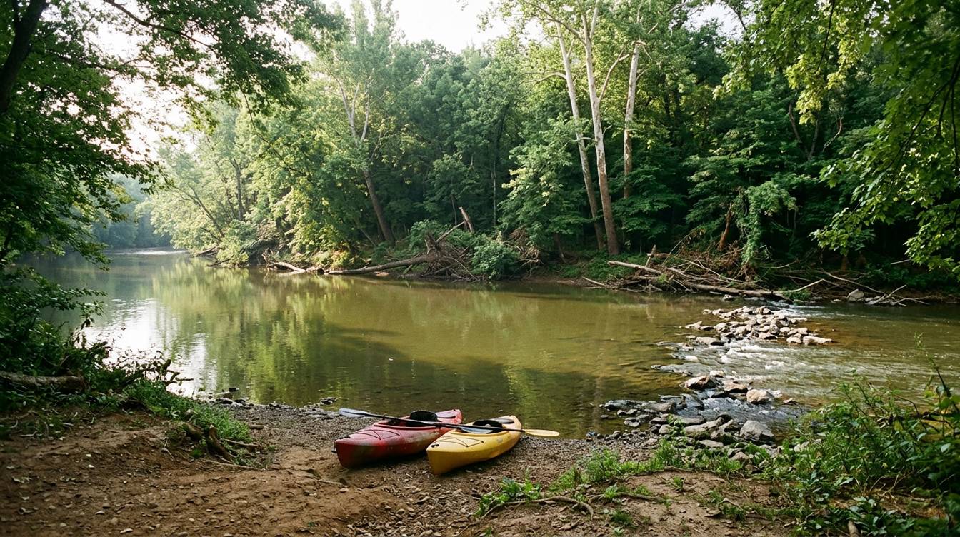 A red and a yellow kayak pulled up on a gravel bank of Goose Creek on a summer morning, beside a rocky riffle, with olive-green water and a steep wooded bank of tall pale sycamores