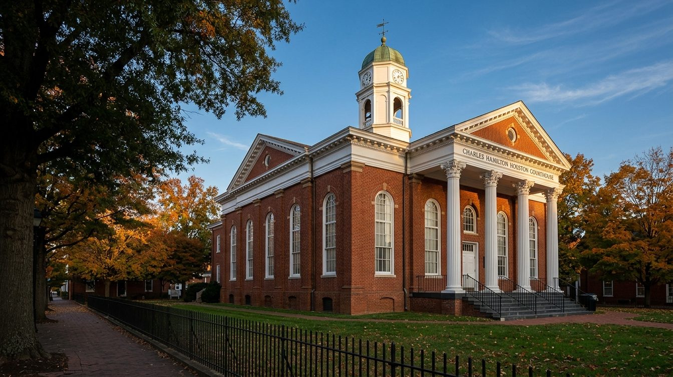 The red-brick Loudoun County Courthouse with its white Corinthian portico, tall arched windows and green-domed clock cupola behind a black iron fence in the fall