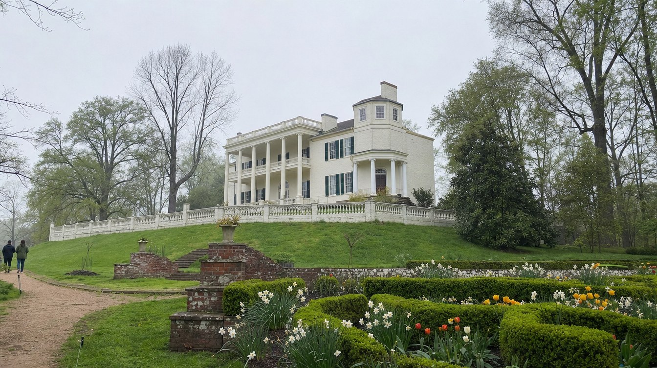 Oatlands' white stucco mansion, with its flat-topped portico and octagonal stair tower, on a rise above terraced brick-walled gardens of boxwood and daffodils in spring