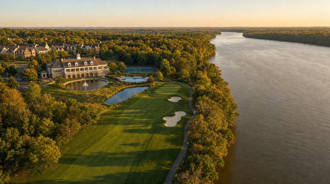 An aerial view at golden hour of River Creek's tan clubhouse, with its white cupola and columned veranda above a fountain pond, beside a fairway that runs along the Potomac River