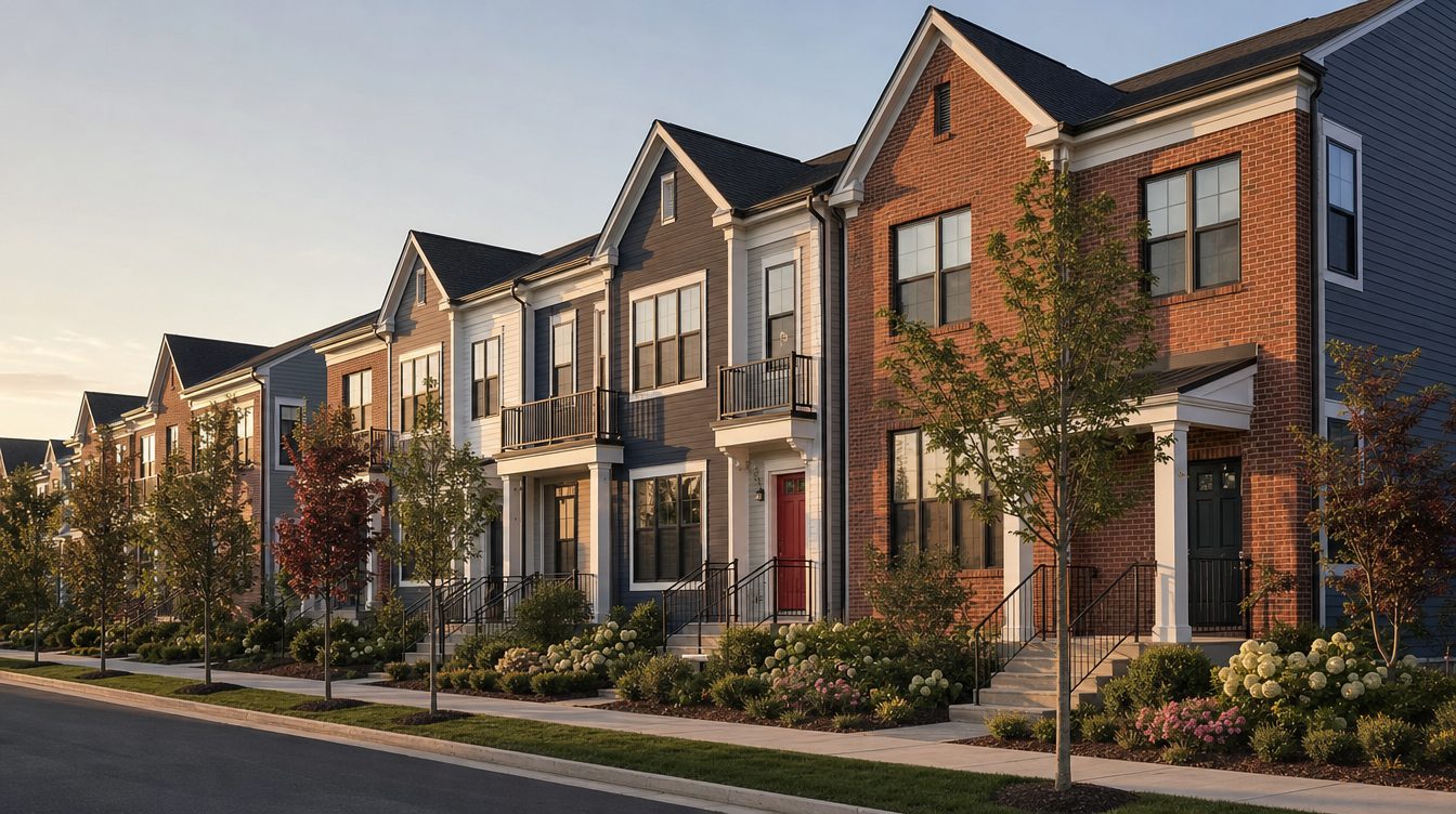 A row of new three-story Leesburg townhouses in red brick and gray, white and navy siding, with small balconies, stoops and young trees in late-May evening light