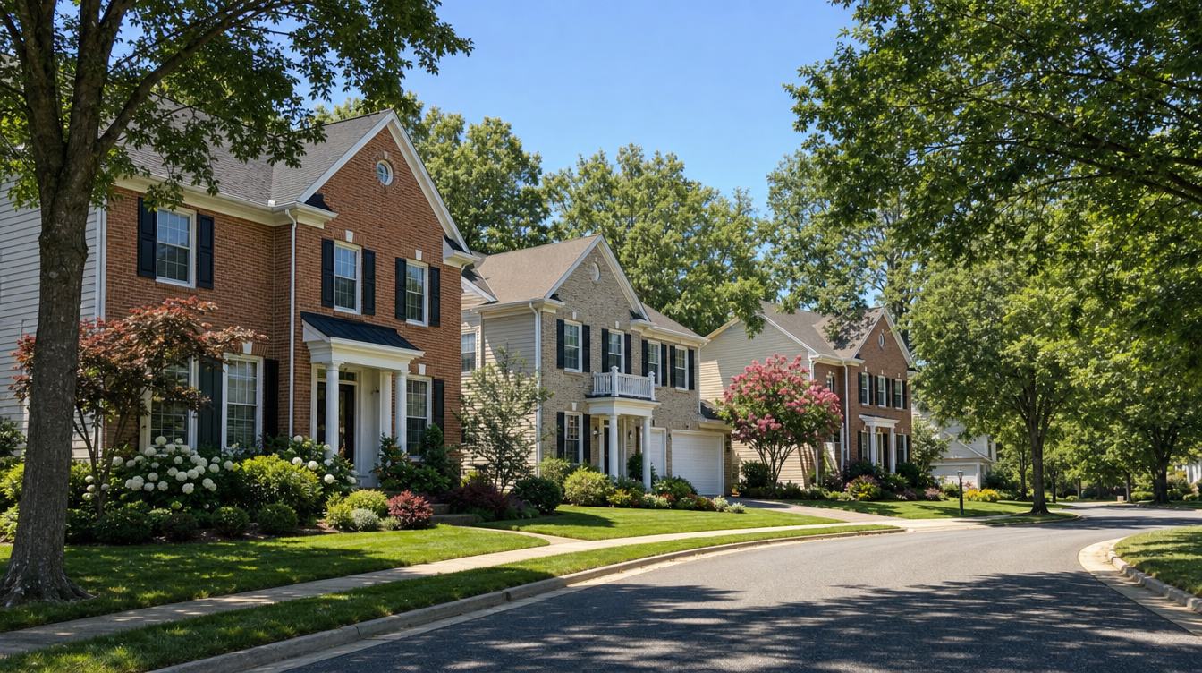 A curving Leesburg street of brick-front colonial houses under big shade trees, with hydrangeas and a crape myrtle in bloom in summer