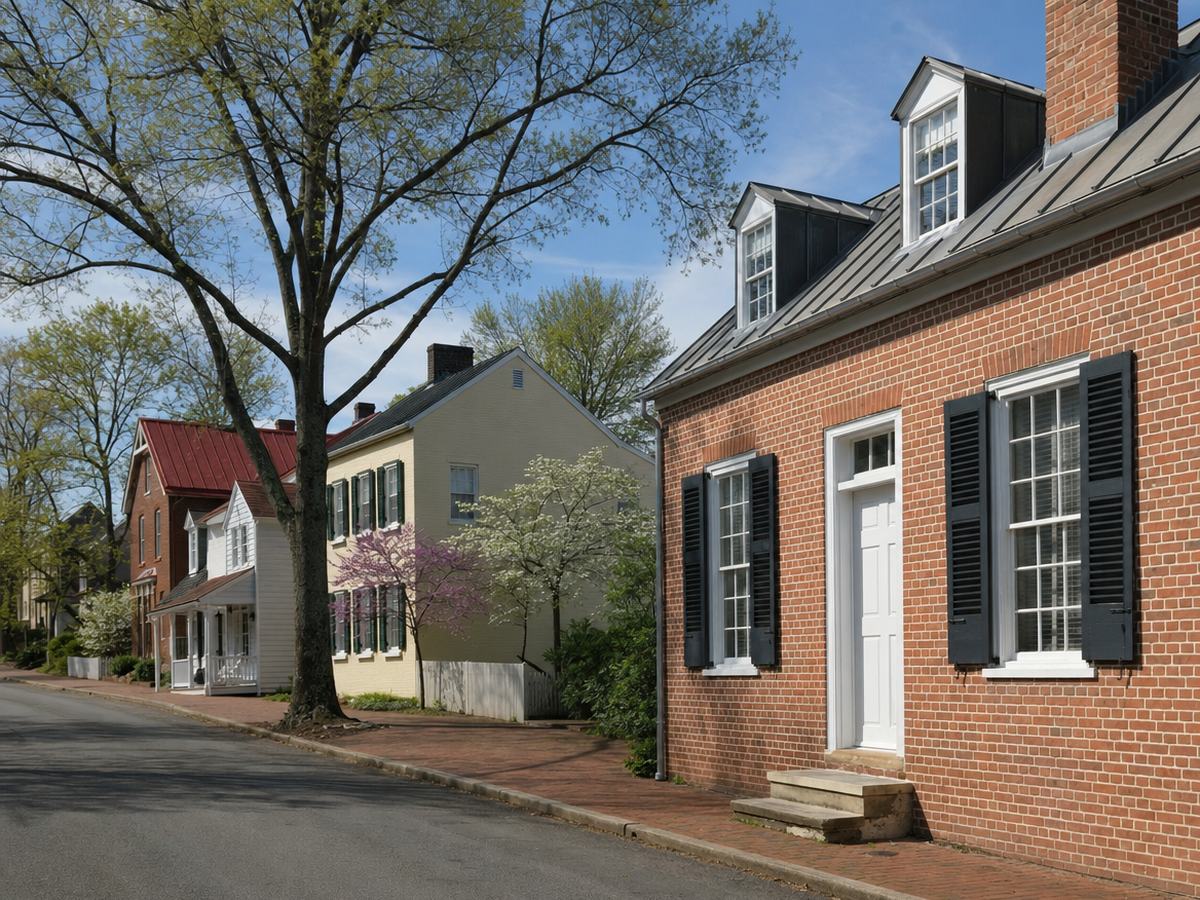 Federal-style red-brick house with black shutters and dormers on a brick sidewalk, with cream and white historic houses, a redbud and a dogwood down a quiet street in downtown Leesburg.