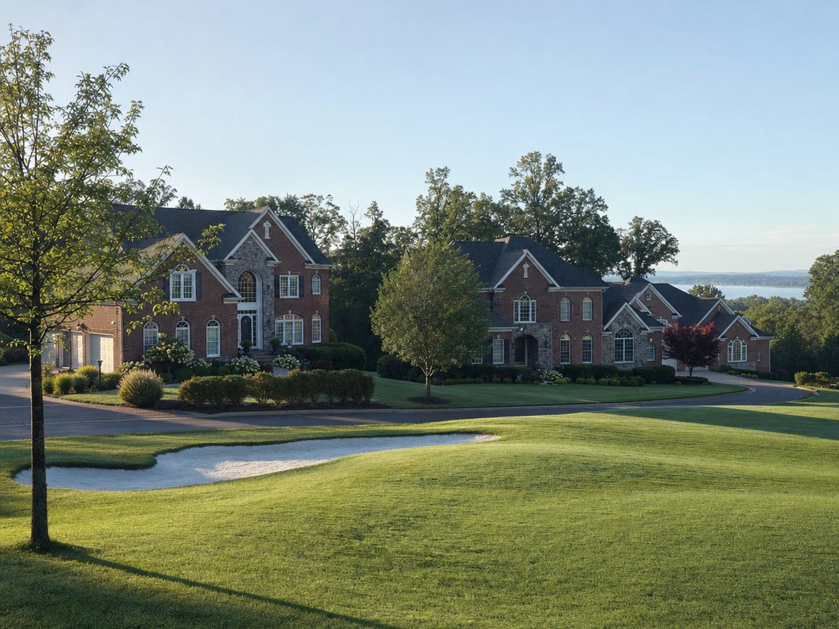 Golf fairway with a white sand bunker in front of large brick and stone homes in River Creek, with the Potomac River visible beyond the trees.