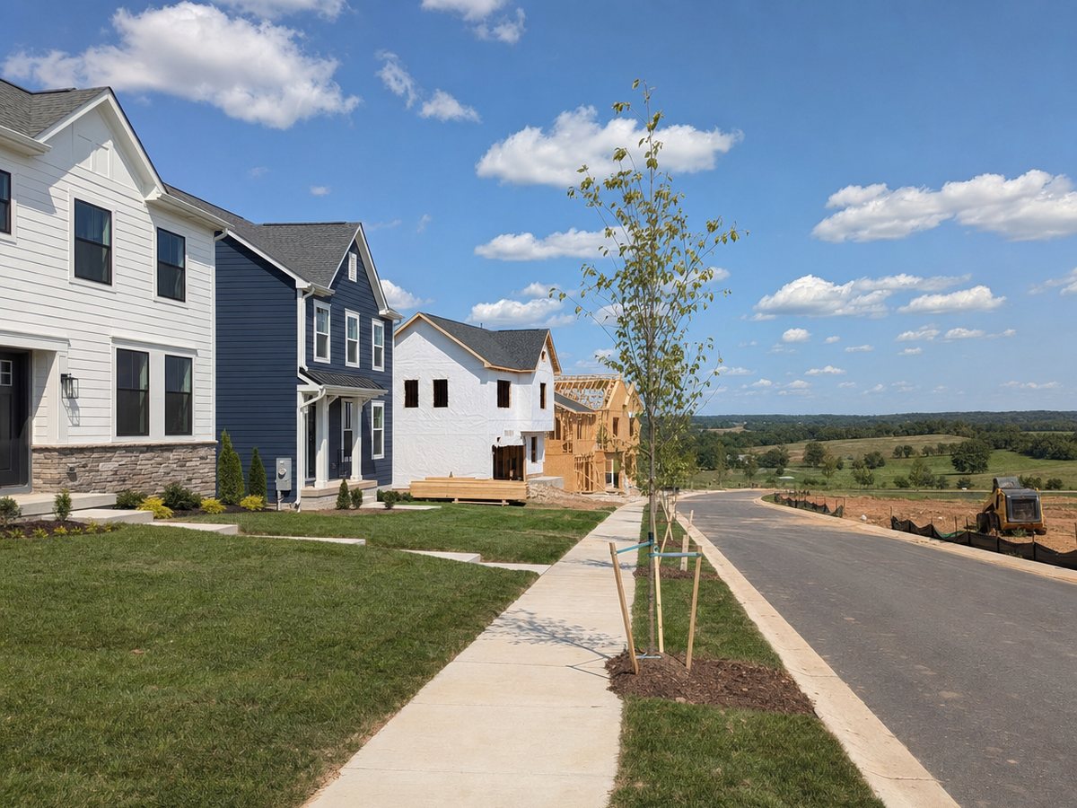 New-construction street with finished white and navy houses, a house in white wrap and a wood-framed shell, bare red clay lots and a small loader under a bright sky.