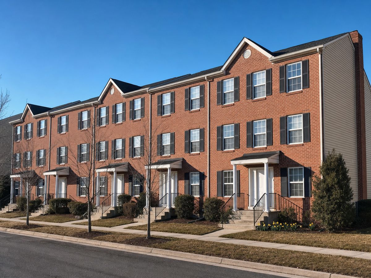 Row of three-story red-brick townhouses with front gables, black shutters, white porticos and stoops, and beige siding on the end unit under a clear blue sky.