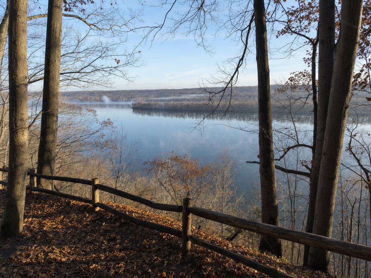 View from a leaf-covered bluff through bare trees and a wooden rail fence to the calm, misty Potomac River and a wooded island on a November morning.