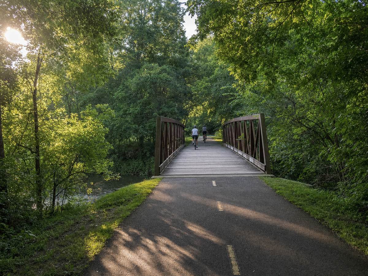Paved W&OD Trail leading onto a short rust-brown steel truss bridge with a wooden deck over a creek, with two cyclists riding away under green trees.