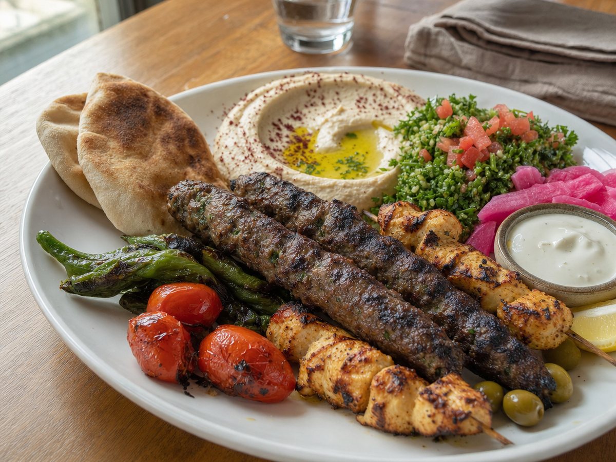 Lebanese-style platter of grilled kafta and chicken skewers with hummus, tabbouleh, pink pickled turnips, olives, grilled tomatoes and peppers, garlic sauce and pita.